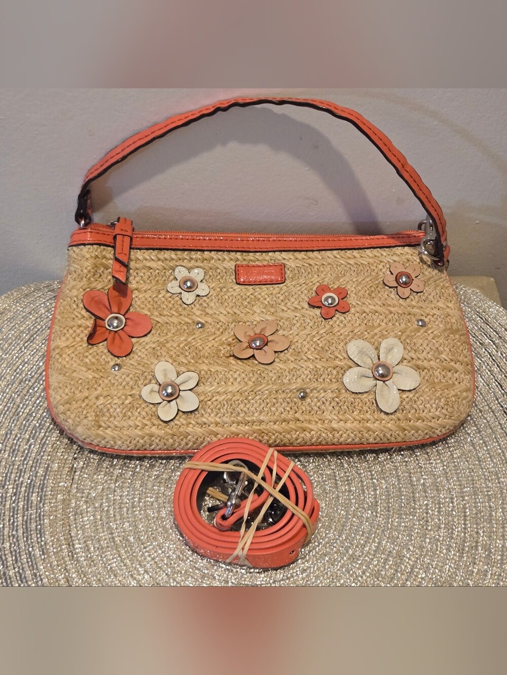 Coach Woven Straw Floral Daisy Clutch Wristlet + Converted Crossbody Strap